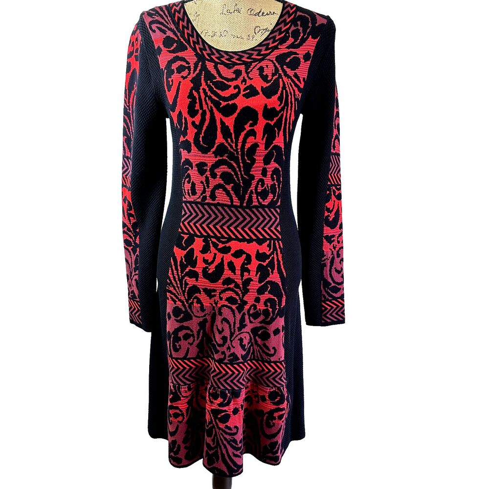 TUZZI Women's Knit Dress SZ 8 Red & Black Paisley Knee Length with Flounce